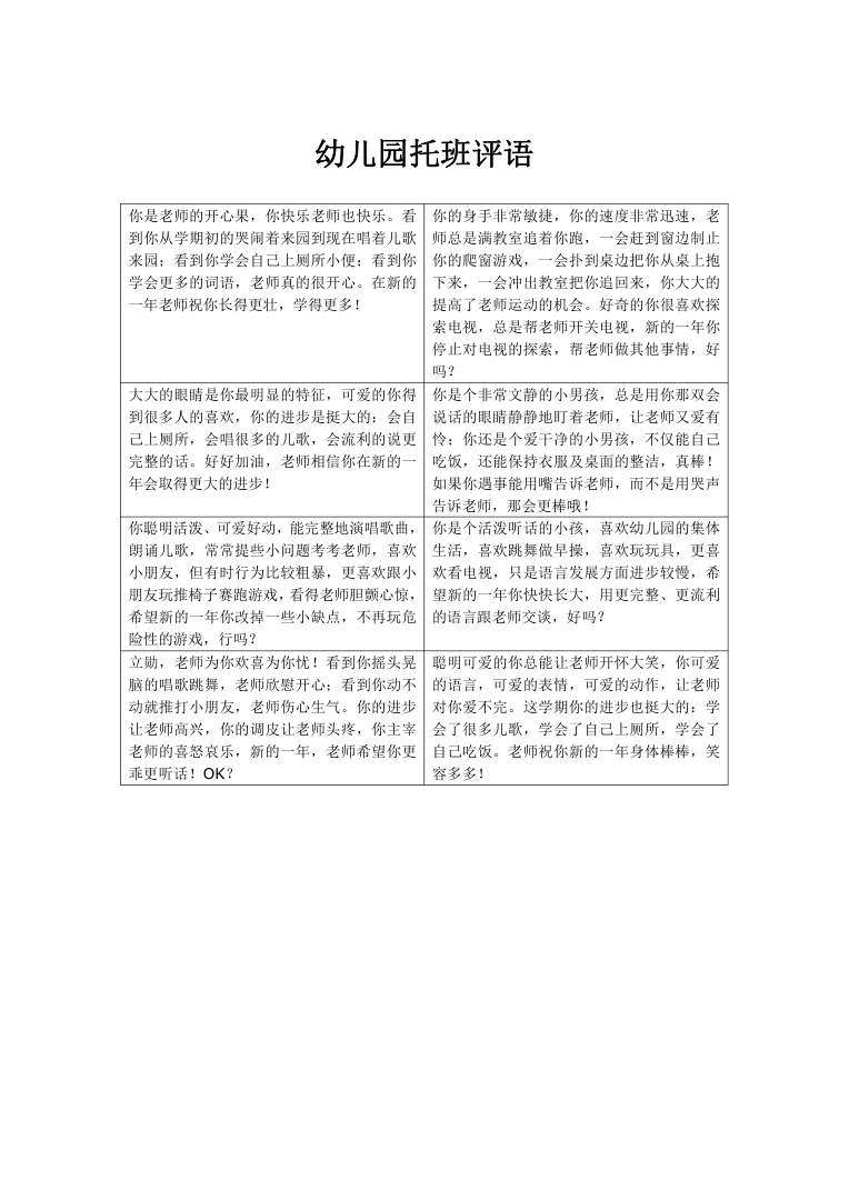 幼儿园托班评语模板8条 学期末综合评估评语可打印